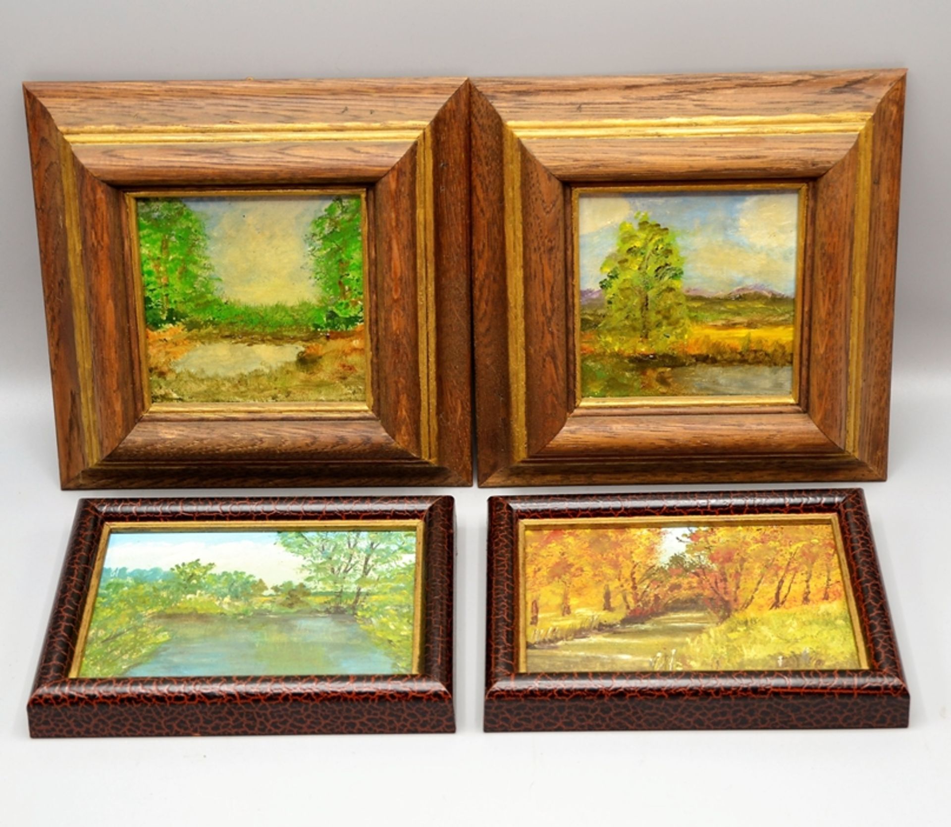 Miniaturen Gemälde Landschaften 4-teilig, 2 St. ca. 17,3 x 17,3 cm u. 2 St. ca. 15,2 x 11,2 cm (mit