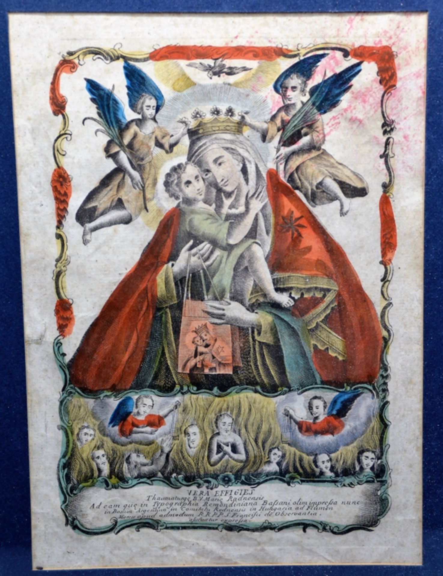 Colorierter Stich Wallfahrt Madonna 19 Jhdt., im aufwändig geschnitzten Rahmen, ca. 54 x 45 cm - Image 2 of 2