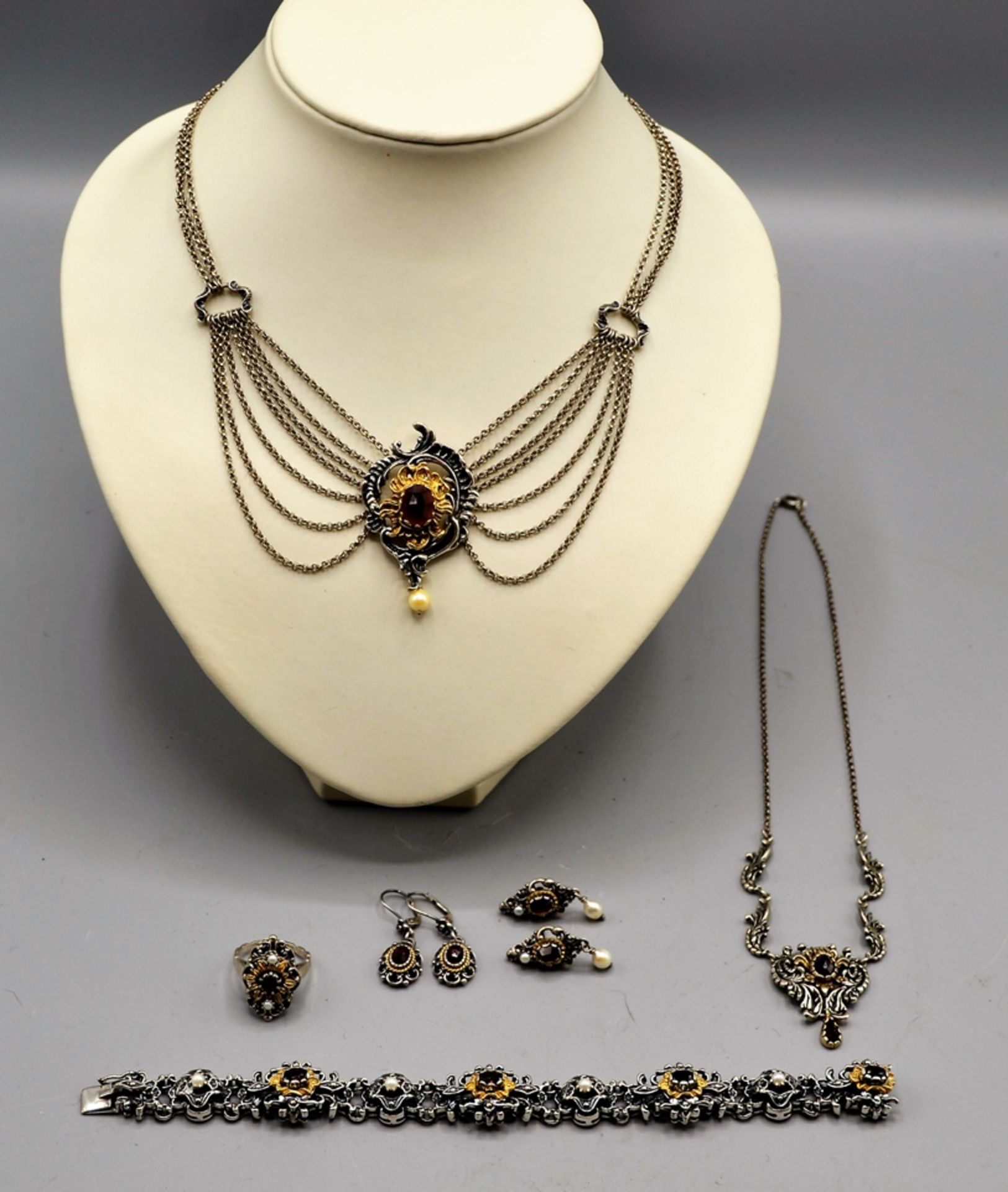 Trachtenschmuck Silberschmuck Set Granat Perlen 6-teilig, 2 Collier, 1 Armband, 1 Ring, Ohrstecker