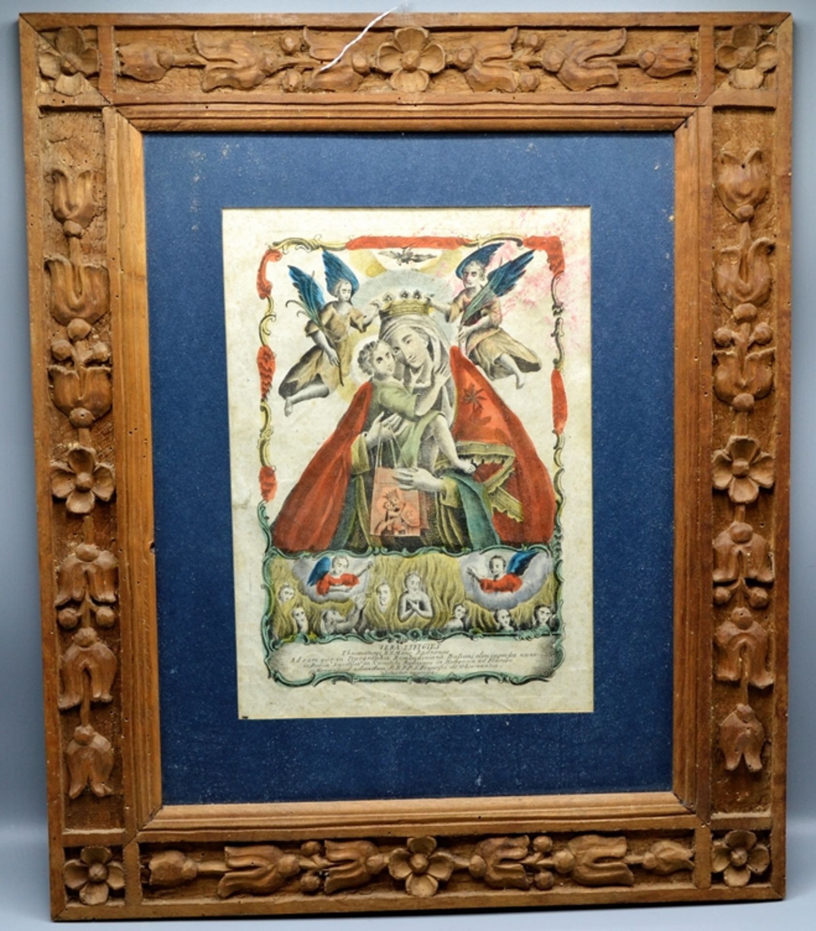 Colorierter Stich Wallfahrt Madonna 19 Jhdt., im aufwändig geschnitzten Rahmen, ca. 54 x 45 cm