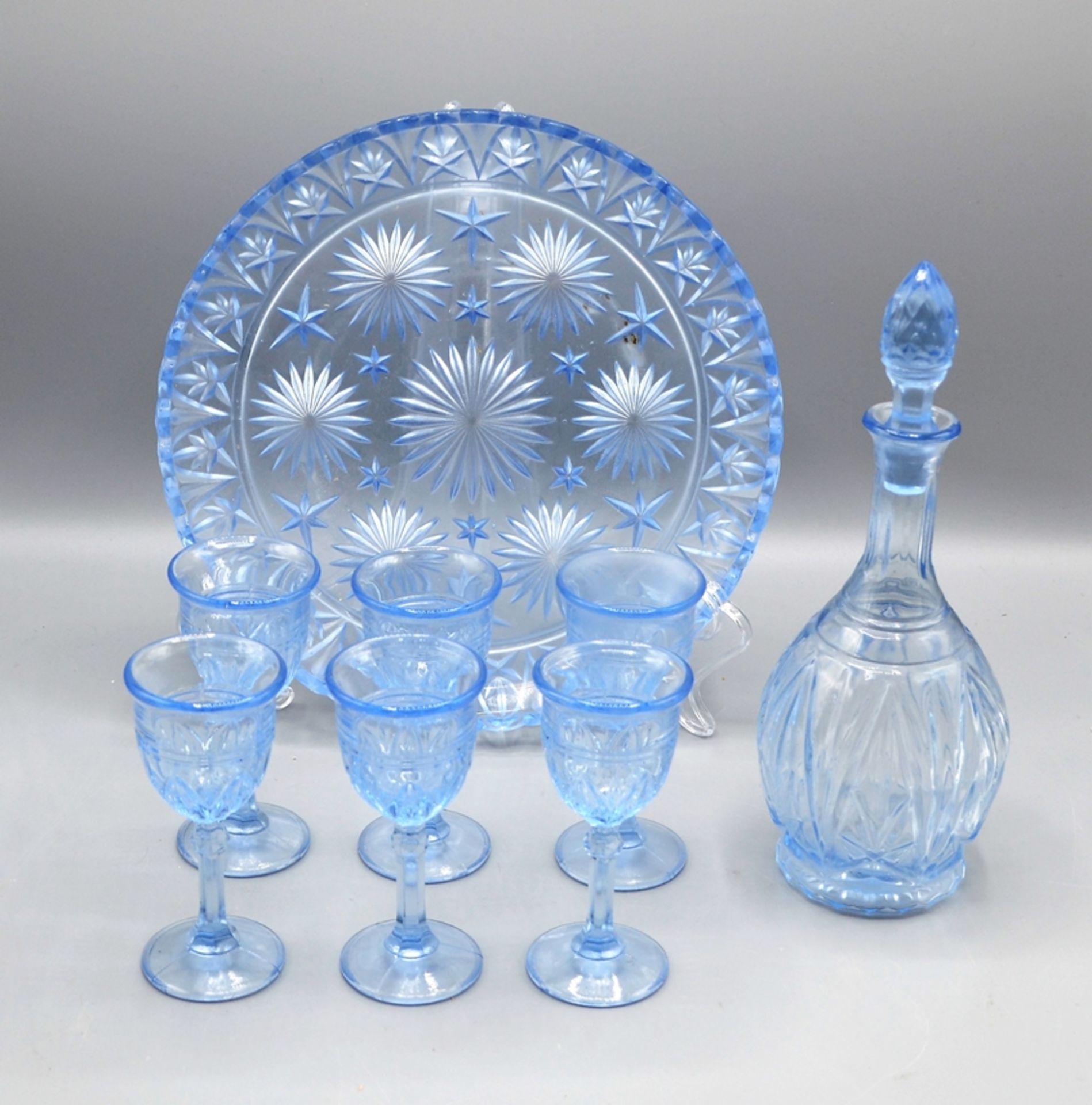 Schnaps Likör Set blaues Glas, Karaffe, 6 Gläser, Tablett