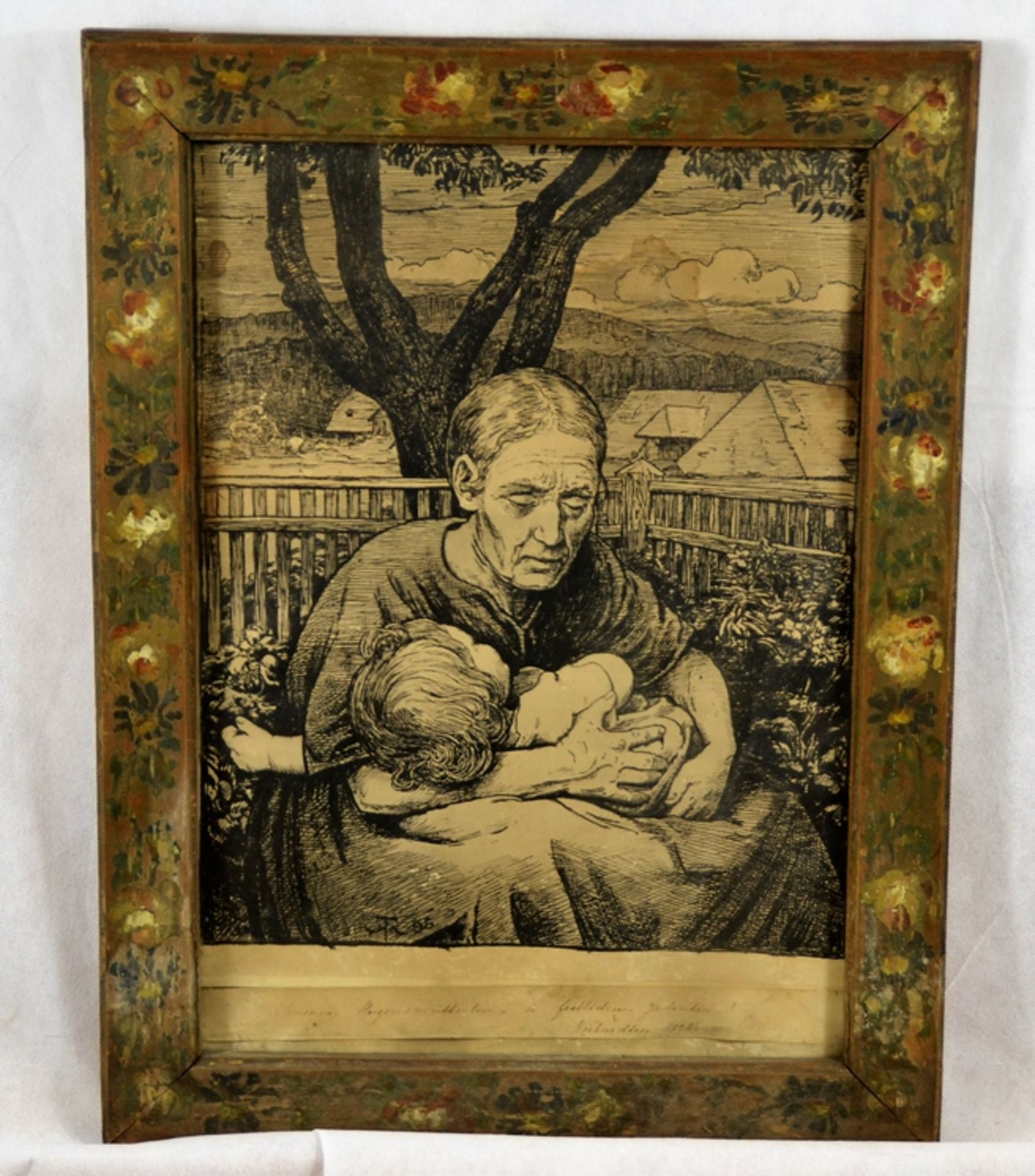 Bild "Unseren Herzens Mütterlein in festlichen Gedenken Weihnachten 1895", gerahmt in bemalten Holz