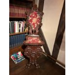 A PAIR OF ITALIAN SGABELLO CHAIRS, the deeply carved backs upholstered in floral woven fabric with a