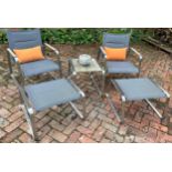 AN INDIAN OCEAN COURTYARD LOUNGE SET, consisting of two chairs, footstools and side table. All