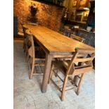 A LARGE PITCH PINE FARMHOUSE TABLE, with drawer 250cm x 78cm x 76cm