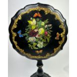VICTORIAN AESTHETIC PERIOD PAPIER MACHE TILT TOP TABLE, painted flora and fauna with mother of pearl