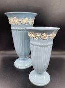 Two Wedgwood, embossed Queens Ware Barleston vases in blue. (H 28cm x 22 cm)