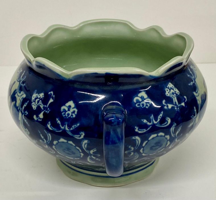 A blue and white platter with floral boarder(Dia 31cm) along with a two handle pot various ages ( - Image 7 of 9