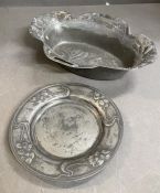 Art Nouveau Pewter Osiris bowl & Orivit plate both cast with stylised flora c. 1900