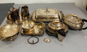 A volume of silver plated items to include teapots etc.