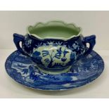 A blue and white platter with floral boarder(Dia 31cm) along with a two handle pot various ages (