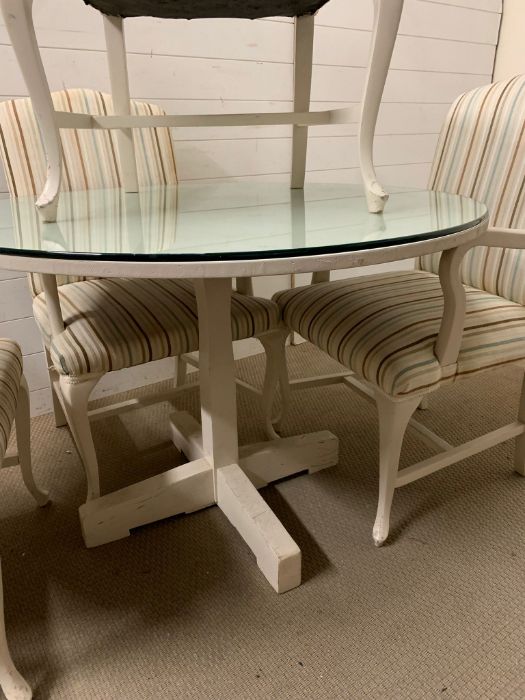 A circular white dining table with glass top and four elbow chairs (H76cm Dia107cm) - Image 2 of 3