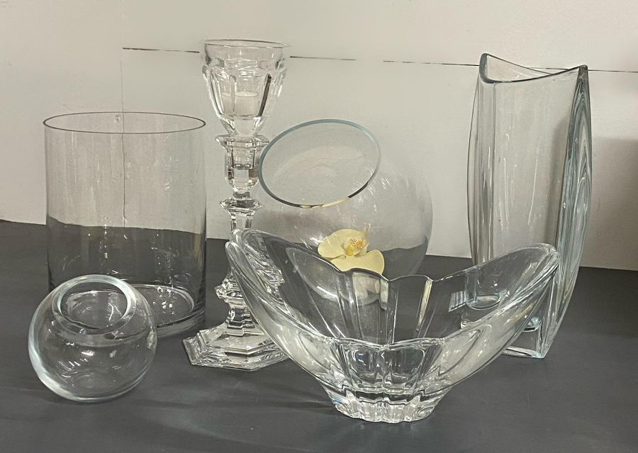 A selection of glass vases and candle holders