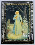 A Russian Lacquered box (9.5cm x 7cm x 3.5cm) picture of a woman in blue coat and hat, signed.