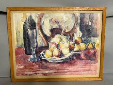 Still life (chair bottle and apples), a print after Paul Cézanne, framed and glazed