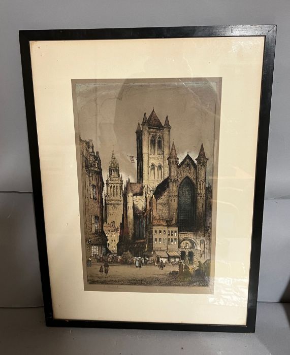 A hand coloured engraving by Edward W. Sharland (1884-1967), 'Continental city', signed, framed