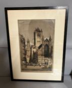 A hand coloured engraving by Edward W. Sharland (1884-1967), 'Continental city', signed, framed