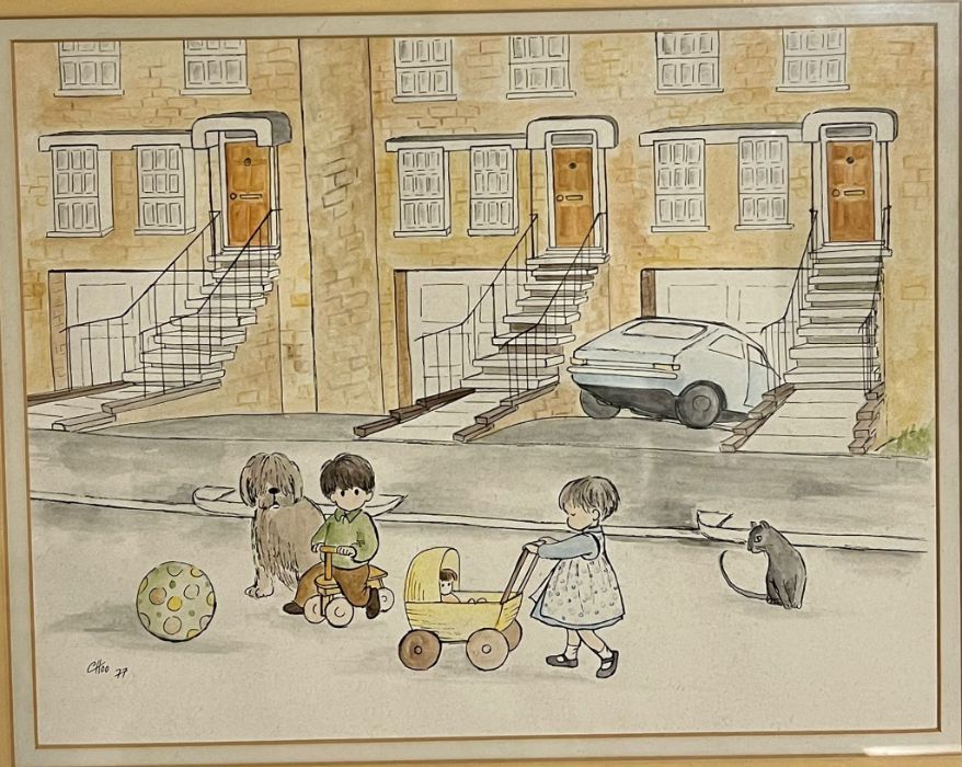 Pen and ink, signed and dated '77, street scene framed and glazed, 55cm x 48cm - Image 2 of 3