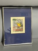Parrot in a cage, a print signed Susan Rayle and numbered 10/75, framed and glazed, 26cm x 33cm