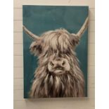 A canvas of a highland cow on turquoise background (70cm x 100cm)