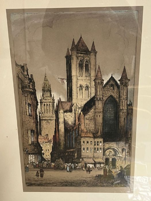 A hand coloured engraving by Edward W. Sharland (1884-1967), 'Continental city', signed, framed - Image 2 of 5
