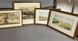 Four woodland country scene, different artists, watercolours, framed and glazed,