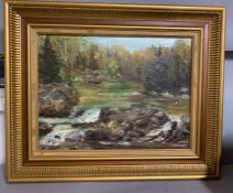 A riverlandscape by Patricia Miller, signed and dated '75, titled and dated 'Oct.1975' verso, oil on