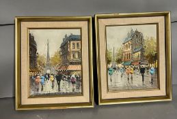 Two framed oil on canvas Paris after the rain scenes illegibly signed lower right (35cmx 29cm).