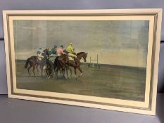A racing print after Alfred Munnings, framed and glazed, 84cm x 51cm.