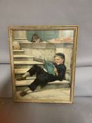 A chromolithography after Catherine Amyot (1845-1926) Danish, of a boy reading on steps, framed