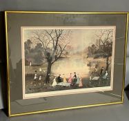 "Our picnic", a signed and stamped print by Helen 'Layfield' Bradley, framed and glazed (80cm x
