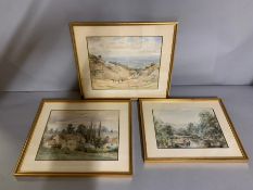 A group of three English watercolours, in the back a note: "Gabriel", framed and glazed, (28cm x