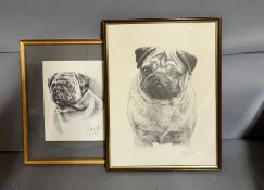 Two drawings of pugs , signed, one titled "Pug", framed and glazed