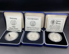 Three commemorative silver proof two pound coins 1989 and 1988 Guernsey, along with States of Jersey
