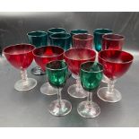 Selection of coloured glass drinking glasses. Late 19th. Cent. Tallest 12.5 cms. (13)