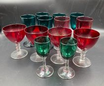 Selection of coloured glass drinking glasses. Late 19th. Cent. Tallest 12.5 cms. (13)