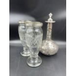 Pair of George V silver rim vases London 1921 David Loebl Schindler & Co and a glass cased