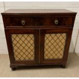 A mahogany chiffonier, two drawers and a pair of pleated lined brass trellis door on turned feet