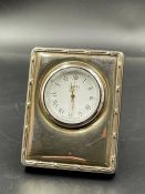 A Carr's of Sheffield silver, easel backed clock, 6.5cm x 5 cm