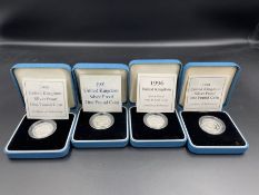Four silver proof United Kingdom one pound coin 1991, 1994, 1995 and 1996.