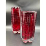 Whitefriars lobed Controlled Bubble Ruby Glass vases ,one with design no. Label. 1970’s tallest 18.5