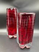 Whitefriars lobed Controlled Bubble Ruby Glass vases ,one with design no. Label. 1970’s tallest 18.5