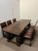 A possiably 17th Century style oak refectory dining table, the rectangular top of two plank design