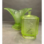 A Walther and Sohne "Greta" vase in uranium and an Art Deco uranium Sowerby green lid pandora box