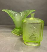 A Walther and Sohne "Greta" vase in uranium and an Art Deco uranium Sowerby green lid pandora box