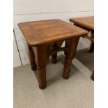 Two hardwood side tables with triangle cut outs turned legs by Dixy, Mexico