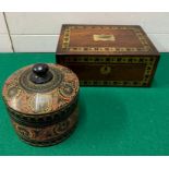An inlaid rosewood work box along with a Sri Lanka lacquerware pot