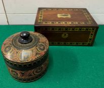 An inlaid rosewood work box along with a Sri Lanka lacquerware pot