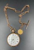 A 9ct Gold Pocket watch on an Albert chain with half sovereign, dated 1911. (Total Weight of chain