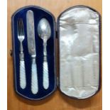 A set of silver mounts and motherpearl handles of knife, fork and spoon, cased in a refined